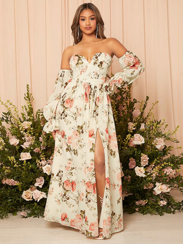 Floral Print Off Shoulder Flounce Sleeve Split Thigh Bridesmaid Dress