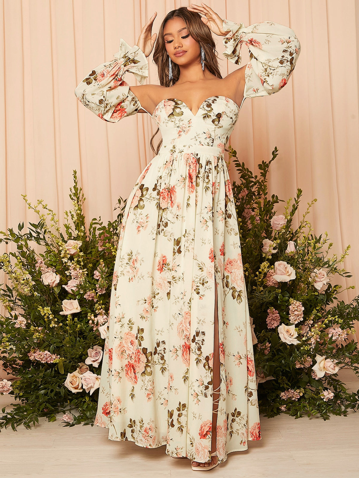 Floral Print Off Shoulder Flounce Sleeve Split Thigh Bridesmaid Dress