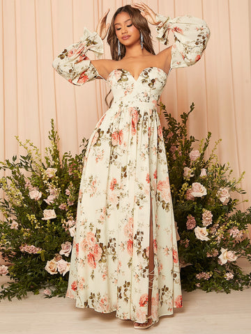 Floral Print Off Shoulder Flounce Sleeve Split Thigh Bridesmaid Dress