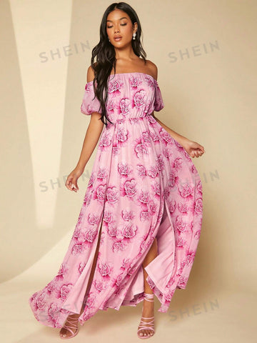 Floral Print Off Shoulder Split Thigh Bridesmaid Dress