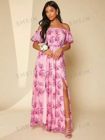 Floral Print Off Shoulder Split Thigh Bridesmaid Dress