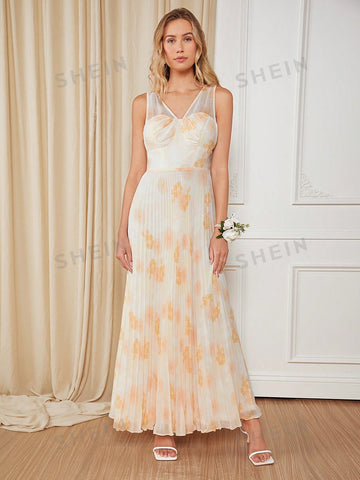 Floral Print Pleated Hem Chiffon Bridesmaid Dress