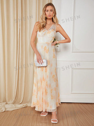 Floral Print Pleated Hem Chiffon Bridesmaid Dress