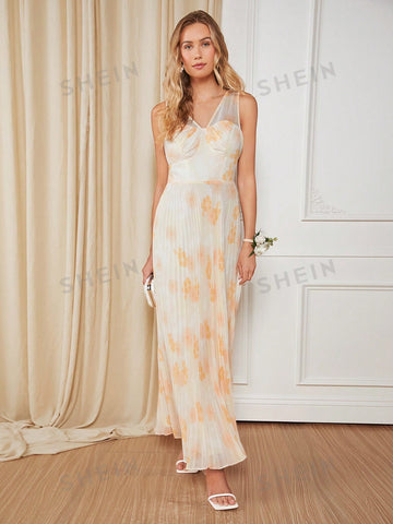 Floral Print Pleated Hem Chiffon Bridesmaid Dress