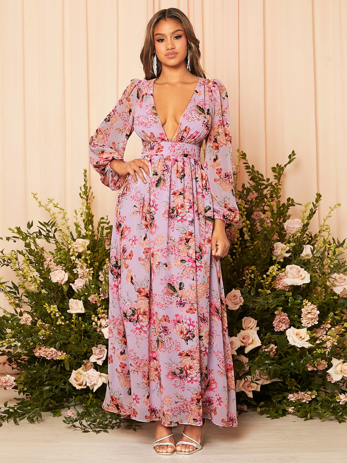 Floral Print Plunging Neck Lantern Sleeve Maxi Bridesmaid Dress