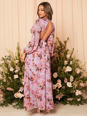 Floral Print Plunging Neck Lantern Sleeve Maxi Bridesmaid Dress