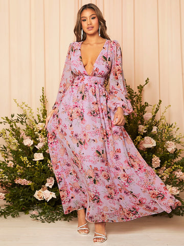 Floral Print Plunging Neck Lantern Sleeve Maxi Bridesmaid Dress