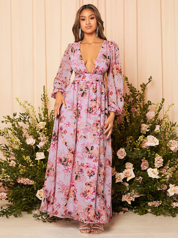 Floral Print Plunging Neck Lantern Sleeve Maxi Bridesmaid Dress