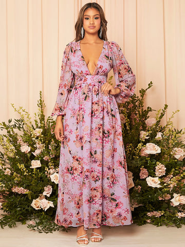Floral Print Plunging Neck Lantern Sleeve Maxi Bridesmaid Dress