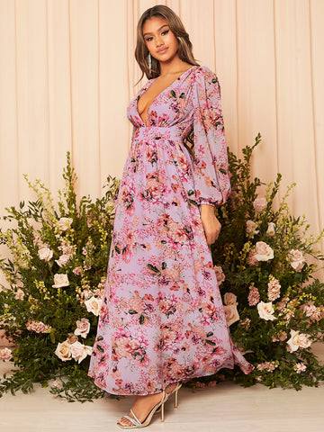 Floral Print Plunging Neck Lantern Sleeve Maxi Bridesmaid Dress