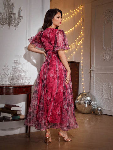 Belle Floral Print Puff Sleeve Mesh Overlay Dress