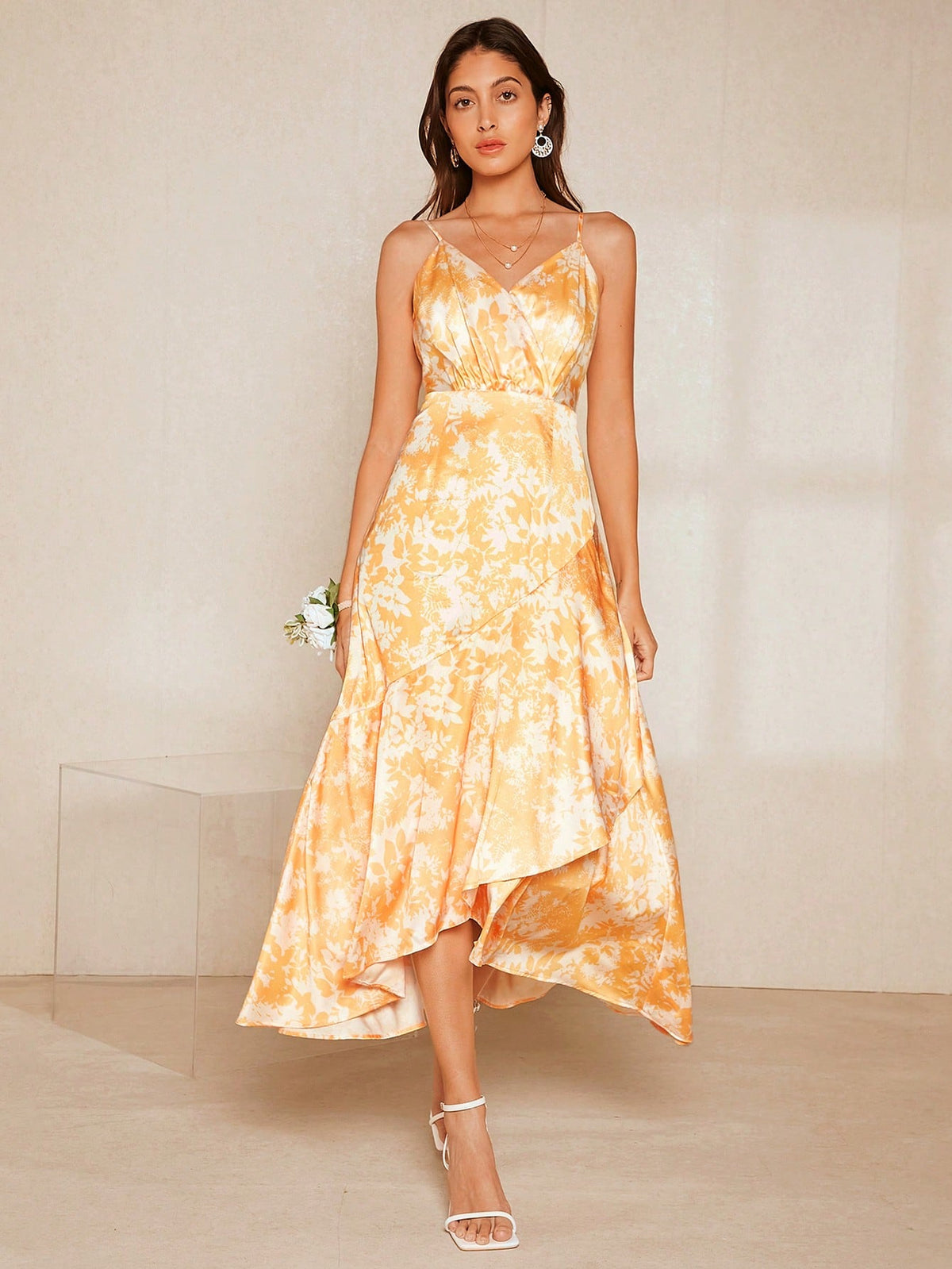Floral Print Ruffle Hem Cami Bridesmaid Dress