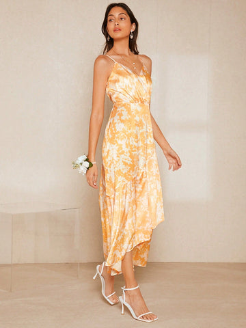 Floral Print Ruffle Hem Cami Bridesmaid Dress