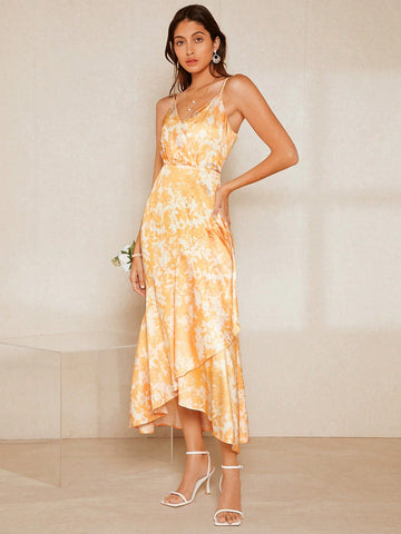 Floral Print Ruffle Hem Cami Bridesmaid Dress