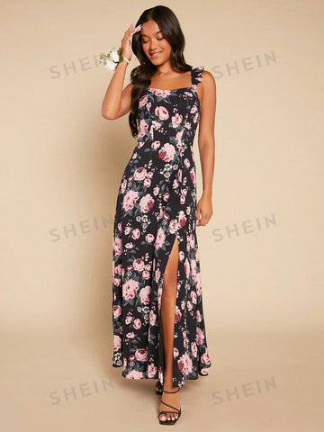 Floral Print Split Thigh A-line Bridesmaid Dress