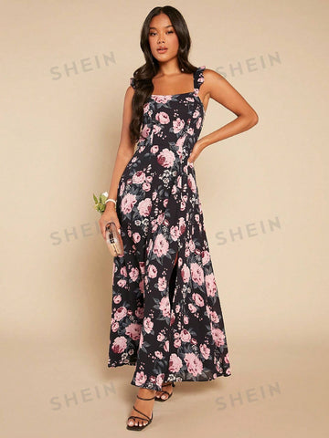 Floral Print Split Thigh A-line Bridesmaid Dress