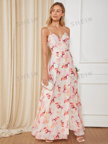 Floral Print Split Thigh Cami Bridesmaid Dress