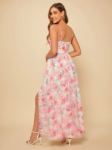 Floral Print Split Thigh Cami Bridesmaid Dress