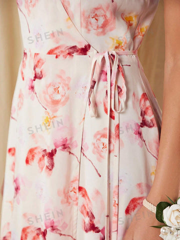 Floral Print Split Thigh Cami Bridesmaid Dress