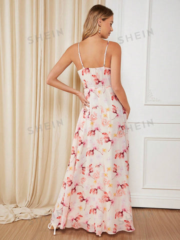 Floral Print Split Thigh Cami Bridesmaid Dress