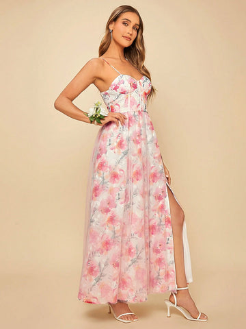 Floral Print Split Thigh Cami Bridesmaid Dress