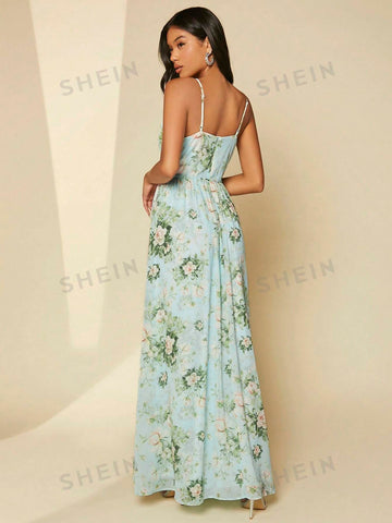 Floral Print Split Thigh Chiffon Bridesmaid Dress