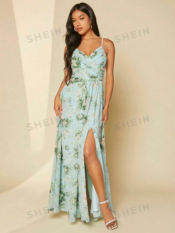 Floral Print Split Thigh Chiffon Bridesmaid Dress