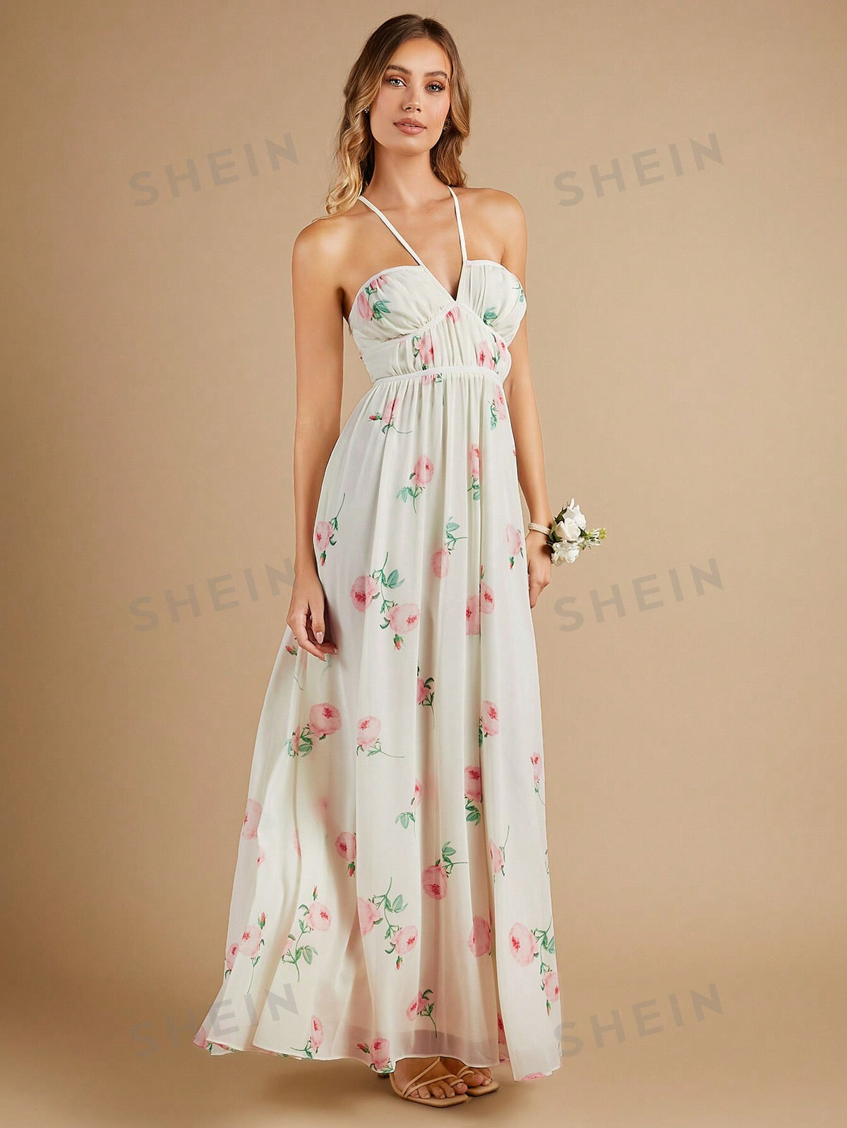 Floral Print Tie Backless Halter Chiffon Bridesmaid Dress