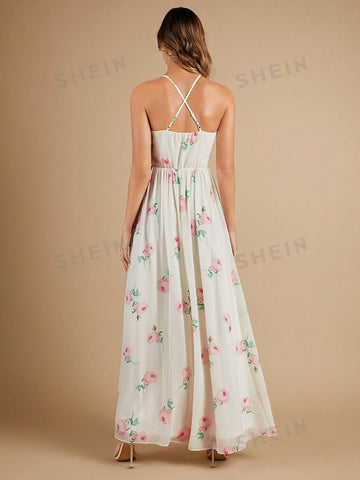 Floral Print Tie Backless Halter Chiffon Bridesmaid Dress