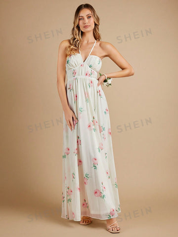 Floral Print Tie Backless Halter Chiffon Bridesmaid Dress