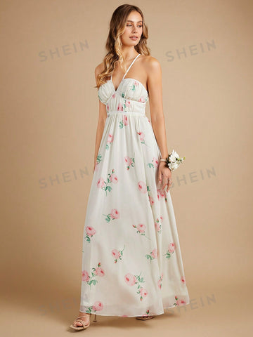 Floral Print Tie Backless Halter Chiffon Bridesmaid Dress