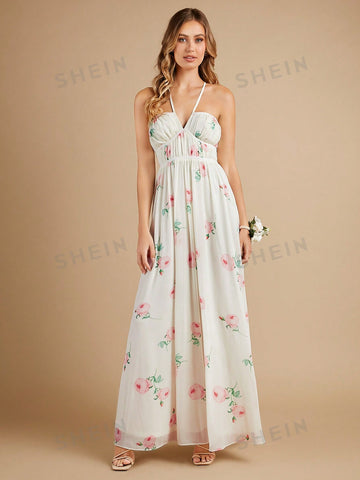 Floral Print Tie Backless Halter Chiffon Bridesmaid Dress