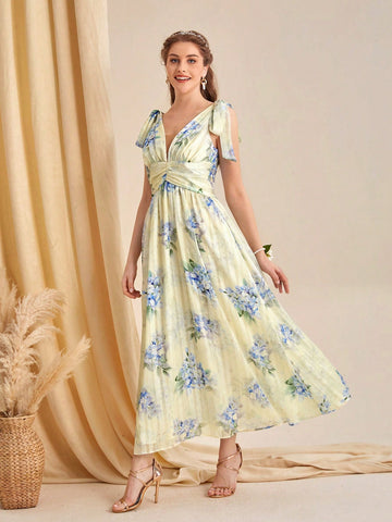 Floral Print Tie Shoulder Bridesmaid Dress