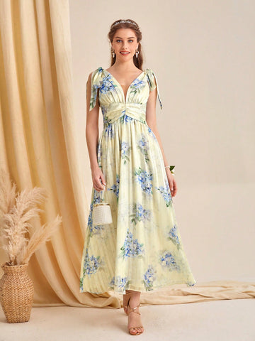 Floral Print Tie Shoulder Bridesmaid Dress