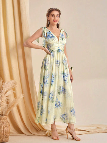 Floral Print Tie Shoulder Bridesmaid Dress