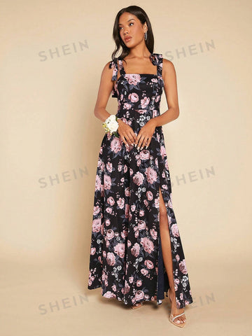 Floral Print Tie Shoulder Split Thigh Cami Bridesmaid Dress