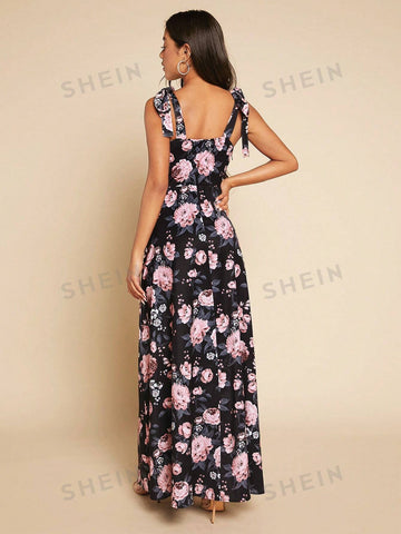 Floral Print Tie Shoulder Split Thigh Cami Bridesmaid Dress