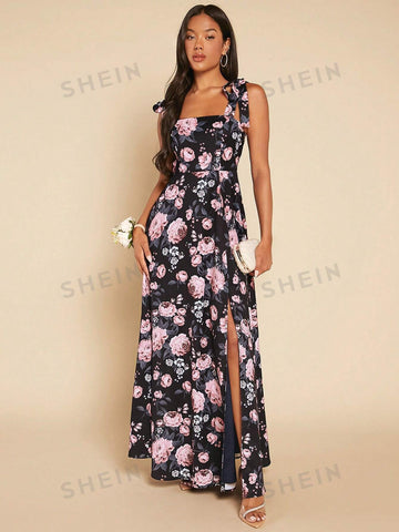 Floral Print Tie Shoulder Split Thigh Cami Bridesmaid Dress