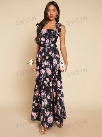 Floral Print Tie Shoulder Split Thigh Cami Bridesmaid Dress
