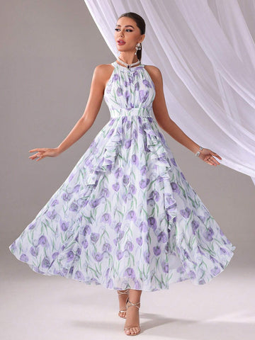 Flower Print Sleeveless Bridesmaid Dress (Adult)