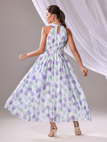 Flower Print Sleeveless Bridesmaid Dress (Adult)