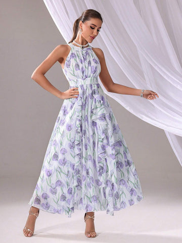 Flower Print Sleeveless Bridesmaid Dress (Adult)