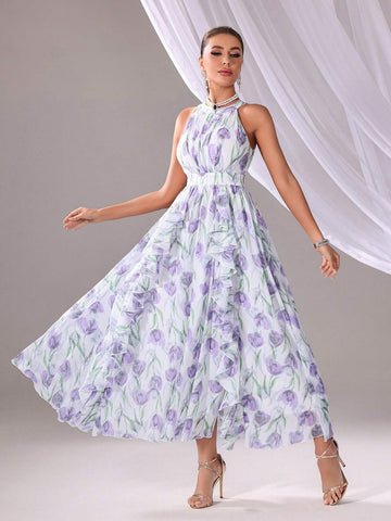 Flower Print Sleeveless Bridesmaid Dress (Adult)