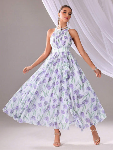 Flower Print Sleeveless Bridesmaid Dress (Adult)