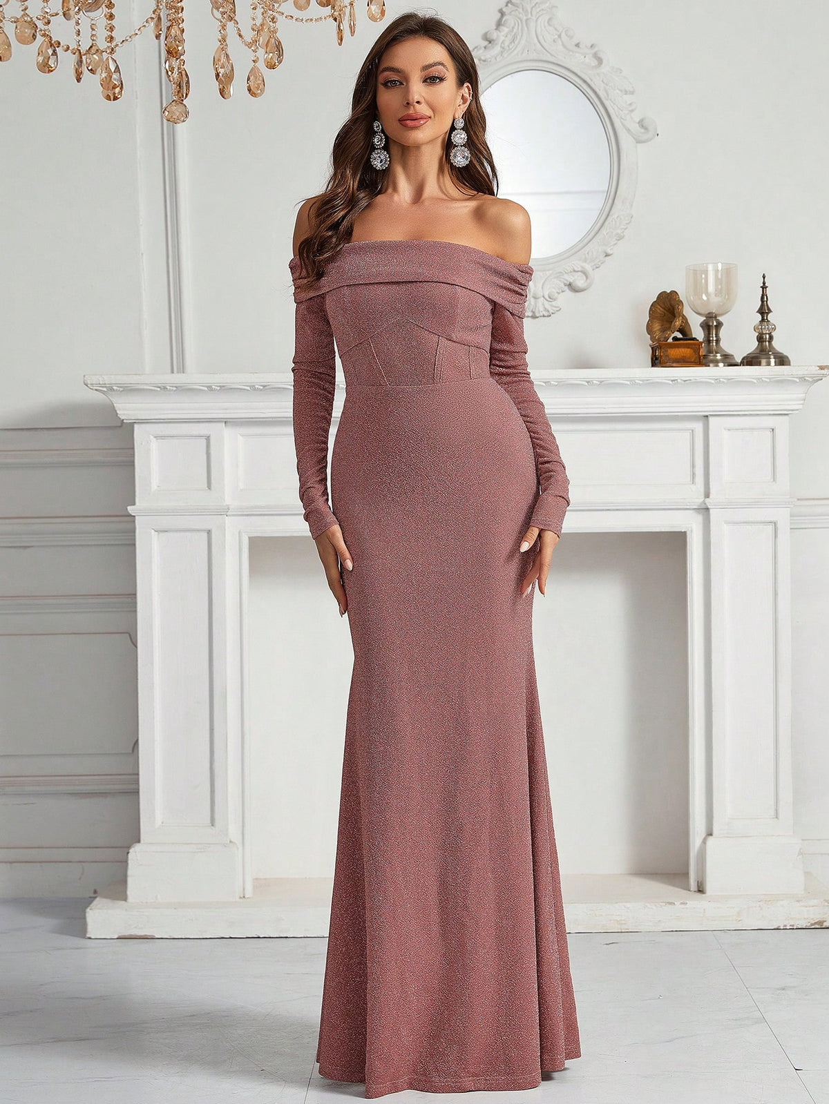 Foldover Off Shoulder Mermaid Hem Glitter Formal Dress