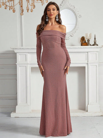 Foldover Off Shoulder Mermaid Hem Glitter Formal Dress