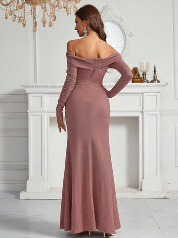 Foldover Off Shoulder Mermaid Hem Glitter Formal Dress