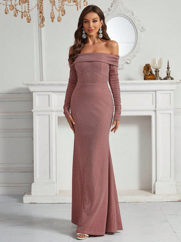 Foldover Off Shoulder Mermaid Hem Glitter Formal Dress