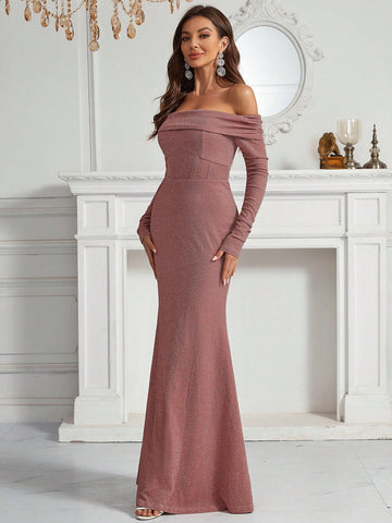 Foldover Off Shoulder Mermaid Hem Glitter Formal Dress