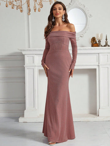 Foldover Off Shoulder Mermaid Hem Glitter Formal Dress